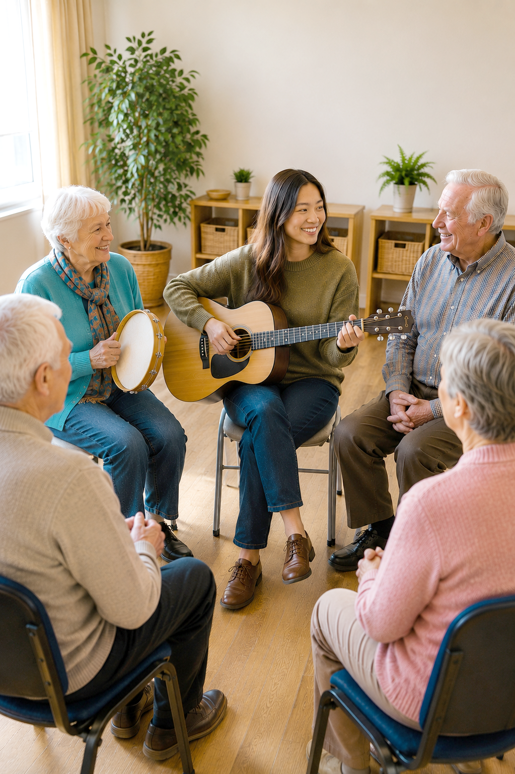 A guitar player and older adults making music together