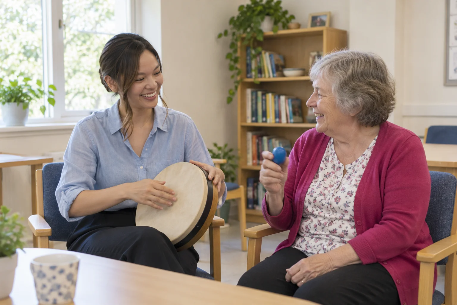 Two women making music together with a frame drum and a blue shaker